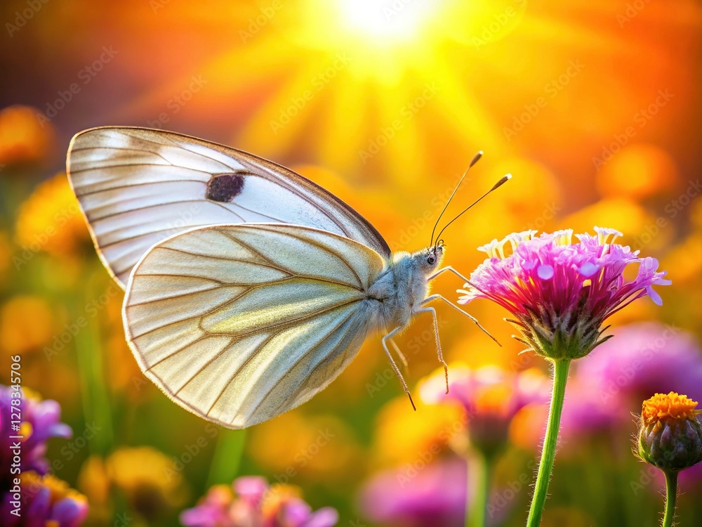 Naklejka premium Elegant White Butterfly on Flower, Macro Photography, Nature