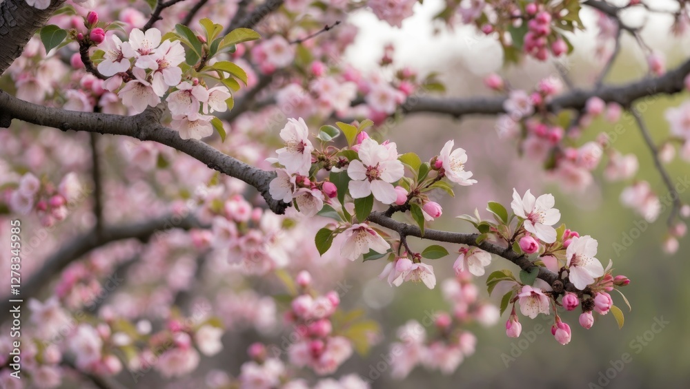 Blossoming Cherry Tree Branch in Spring Season with Delicate Pink Flowers and Fresh Green Leaves on a Soft Natural Background Blossoming Cherry Tree Branch in Spring Season with Delicate Pink Flowers and Fresh Green Leaves on a Soft Natural Background