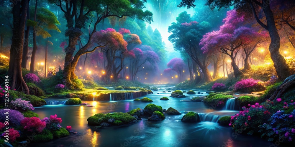 Obraz premium Enchanting Neon River: Surreal Fantasy Forest Landscape