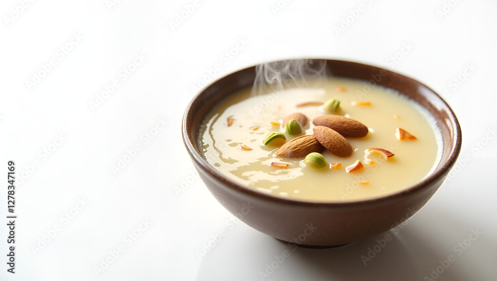 Delicious Hot Dessert with Nuts – Steaming Sweet Dish in Elegant White Bowl. Delicious Hot Dessert with Nuts – Steaming Sweet Dish in Elegant White Bowl.