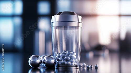 Protein shaker with blender ball, full and empty cups for sports nutrition and gainer drinks. Plastic bottles with metal spring spheres, mixer for gym fitness, bodybuilding, Realistic 3d vector mockup