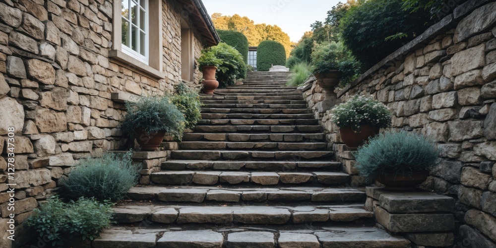 Obraz premium Elegant stone stairs leading to a charming house surrounded by greenery, ideal for adding personalized text or messaging.