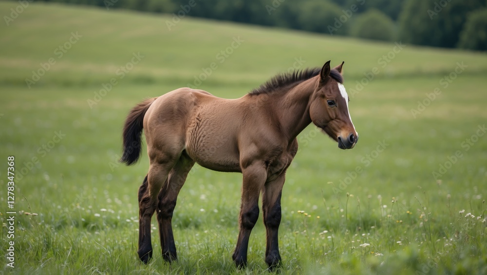 Brown Colt Grazing in a Lush Green Meadow Under a Clear Sky Natural Scene of Young Horse in Peaceful Pasture Landscape Brown Colt Grazing in a Lush Green Meadow Under a Clear Sky Natural Scene of Young Horse in Peaceful Pasture Landscape