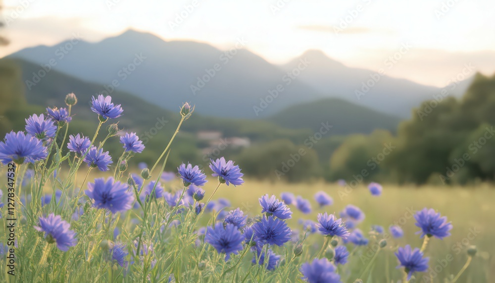 Obraz premium Purple Wildflowers at Sunset with Mountain Background