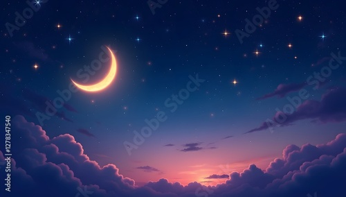 Enchanting Night Sky with Golden Crescent Moon, Stars, and Clouds