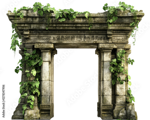 Fototapeta Naklejka Na Ścianę i Meble -  weathered wooden ancient temple entrance overgrown with vines, showcasing intricate carvings and sense of history. lush greenery adds mystical touch to scene