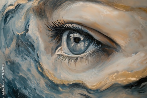 Closeup of eye and woman's face, an ocean wave swirling around her in the background, oil painting illustration with detailed brushstrokes in surrealistic and emotional expressionism style.