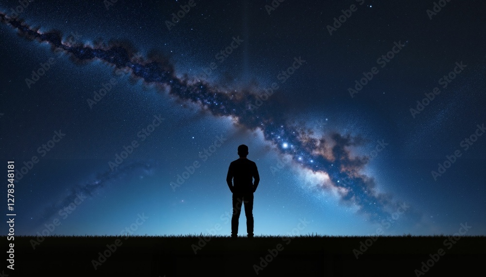 Silhouette of person gazing at starry sky, inner peace and perspective Silhouette of person gazing at starry sky, inner peace and perspective