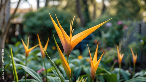 Vibrant Strelitzia Flowers Blooming in a Garden Setting with Lush Greenery and Space for Text Overlay