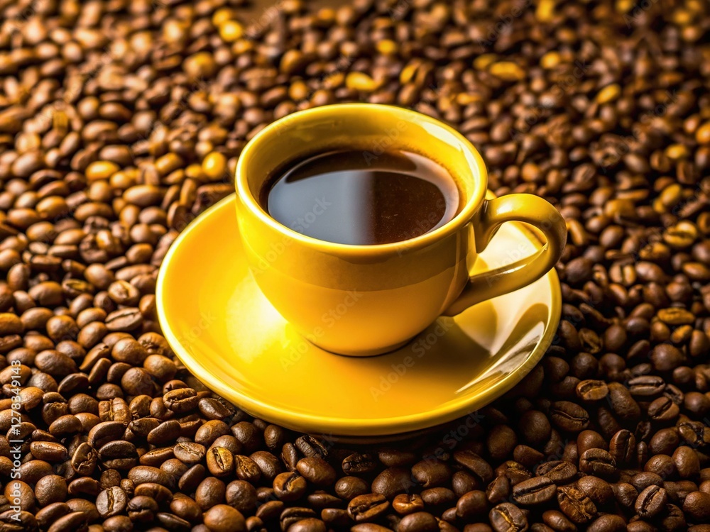 Fototapeta premium Minimalist Yellow Coffee Cup with Black Coffee and Beans on Bright Background