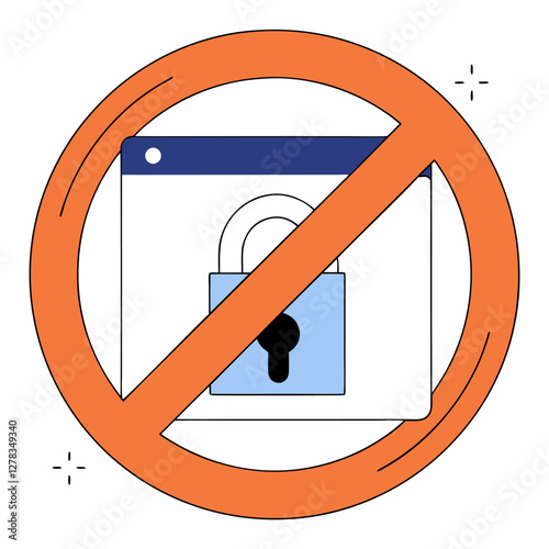 No Secure Website Icon: Orange Prohibition Symbol, Padlock, Webpage.