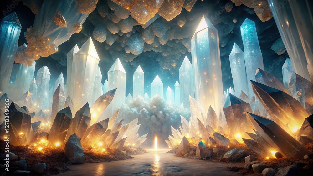 Naklejka premium Mystical Glowing Crystal Cave - White Background Stock Photo