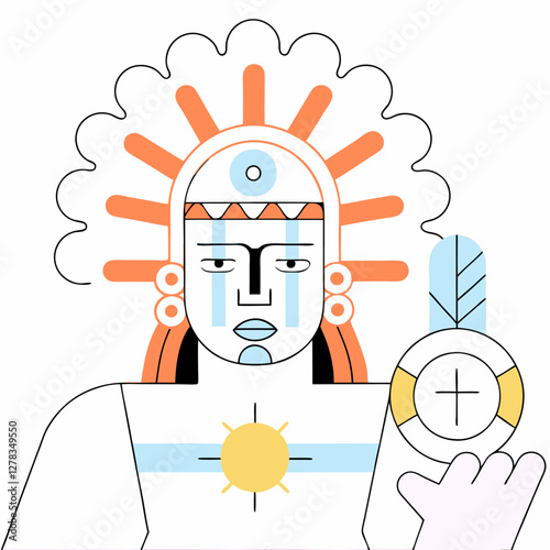 Native American Shaman: Geometric Art, Coral & Blue.