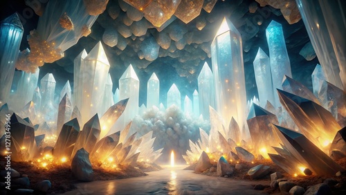 Mystical Glowing Crystal Cave - White Background Stock Photo