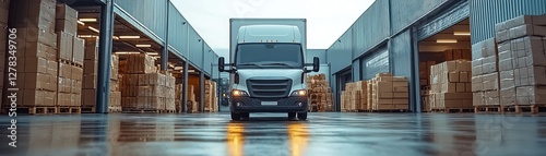 Freight truck inside warehouse, goods storage, logistics