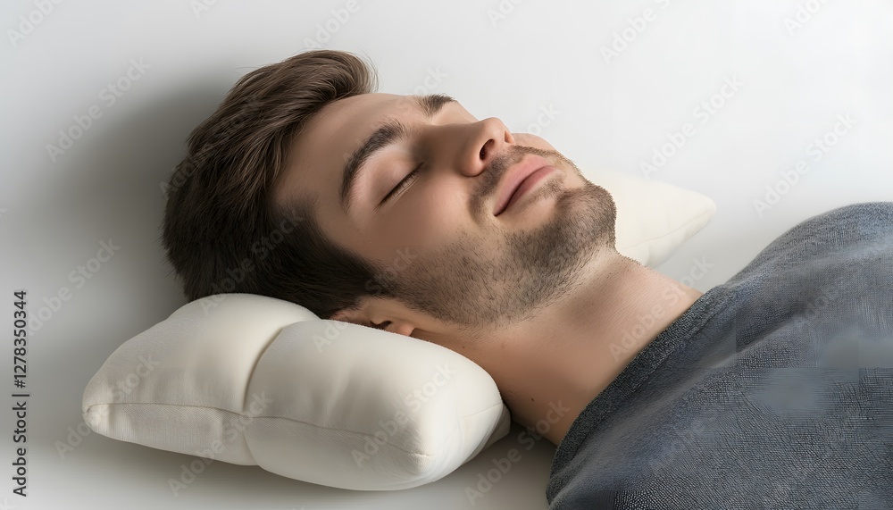 Man sleeping peacefully on a contoured pillow with eyes closed Man sleeping peacefully on a contoured pillow with eyes closed