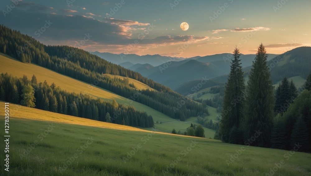 Fototapeta premium Summer Mountain Landscape Featuring Meadow, Spruce Forest, Sun and Moon in Sky, Capturing the Beauty of Serene Countryside in Morning Light
