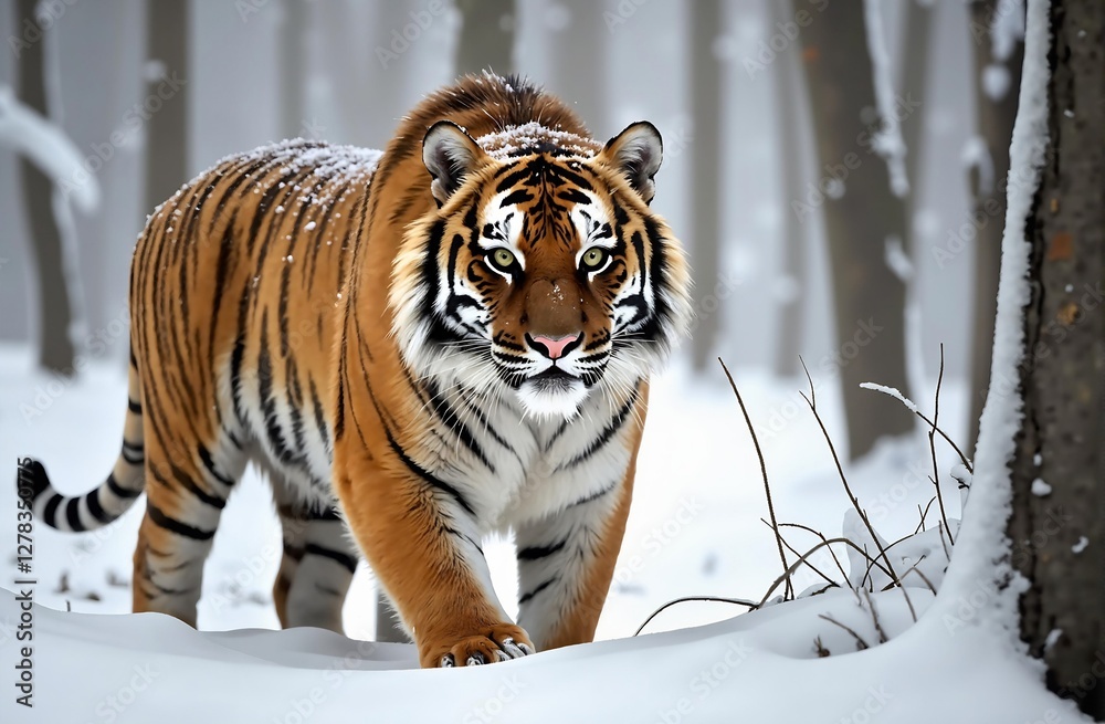 Fototapeta premium Majestic Tiger Walking Through Snowy Winter Forest