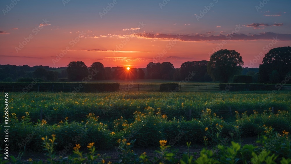 Obraz premium Tranquil Summer Sunset Over Vibrant Field Blossoms and Lush Green Pastures Under a Colorful Sky.