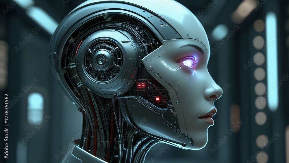 Fototapeta premium Female metallic silver android robot head with intricate mechanical circuits, wiring, and glowing neon eyes. Futuristic detailed closeup side view image.