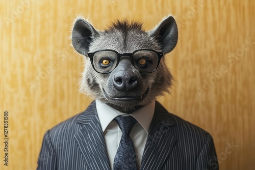 corporate hyena in tailored pinstripe suit, wearing designer glasses and silk tie, anthropomorphic portrait with satirical business expression