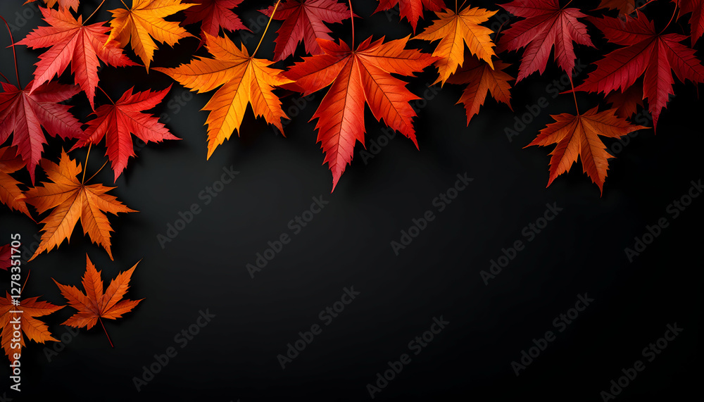 Autumnal cascade, Vibrant maple foliage on sleek ebony expanse, Season change Autumnal cascade, Vibrant maple foliage on sleek ebony expanse, Season change