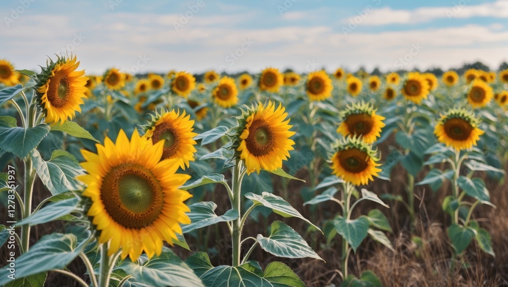 Fototapeta premium Vibrant Sunflower Field Under Clear Blue Sky With Ample Copy Space For Text and Creative Designs