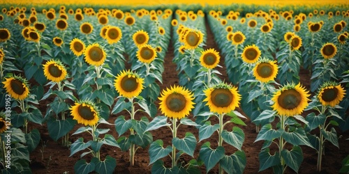 Vibrant Sunflower Field with Abundant Yellow Flowers and Clear Empty Space for Custom Text or Graphics photo