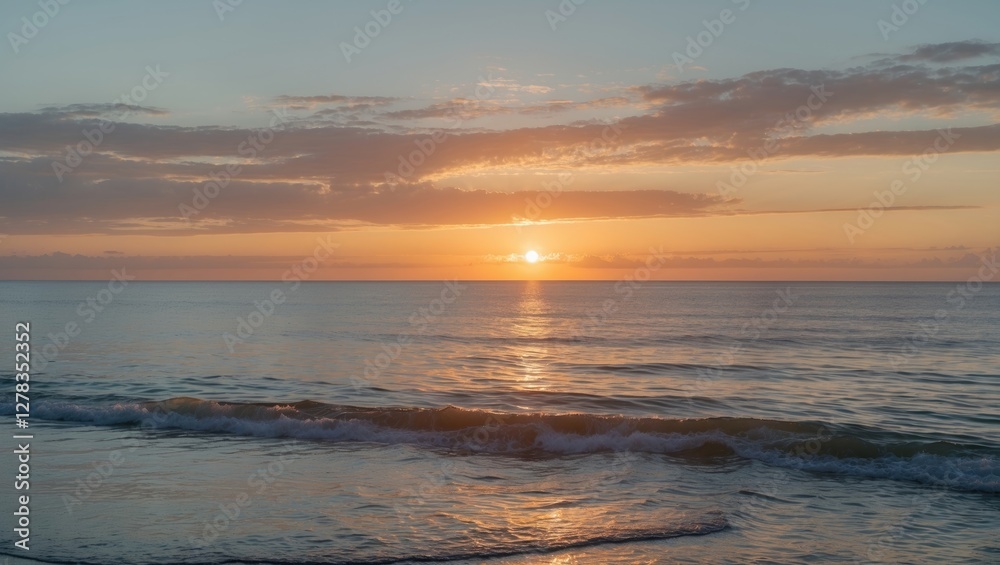 Serene Sunrise Over Calm Sea With Reflection and Space for Text or Graphics Serene Sunrise Over Calm Sea With Reflection and Space for Text or Graphics