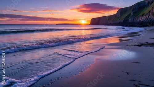 Serene Sunrise Over Sandy Cove with Gentle Waves and Cliff Backdrop at Bay of Fundy Ideal for Tranquil Nature and Travel Themes