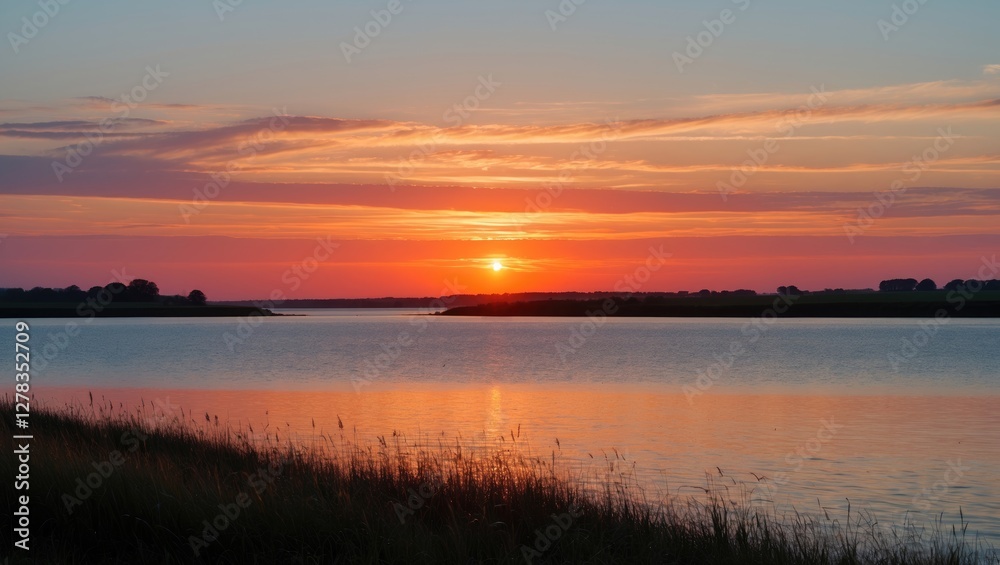 Serene Sunset Over Calm Waters at Isle of Sheppey with Vibrant Colors Reflecting in the River and Tranquil Surroundings Serene Sunset Over Calm Waters at Isle of Sheppey with Vibrant Colors Reflecting in the River and Tranquil Surroundings
