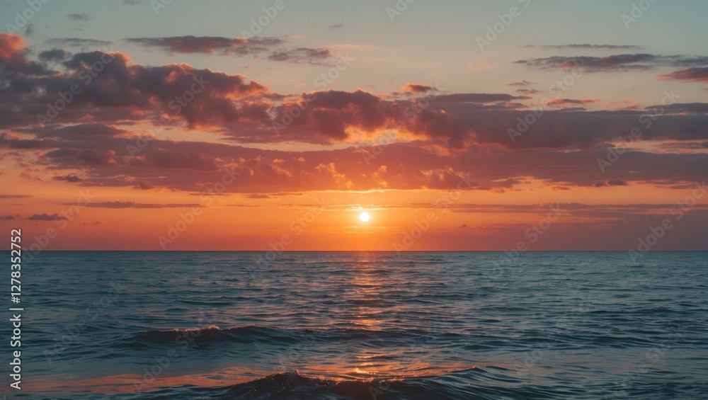 Tranquil sunset over the ocean with vibrant colors reflecting on the water, ideal for vacation and travel themed visuals. Tranquil sunset over the ocean with vibrant colors reflecting on the water, ideal for vacation and travel themed visuals.