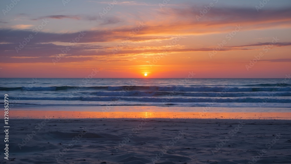 Vibrant Sunset Over Tranquil Beach with Soft Waves and Golden Reflection on Sand Vibrant Sunset Over Tranquil Beach with Soft Waves and Golden Reflection on Sand