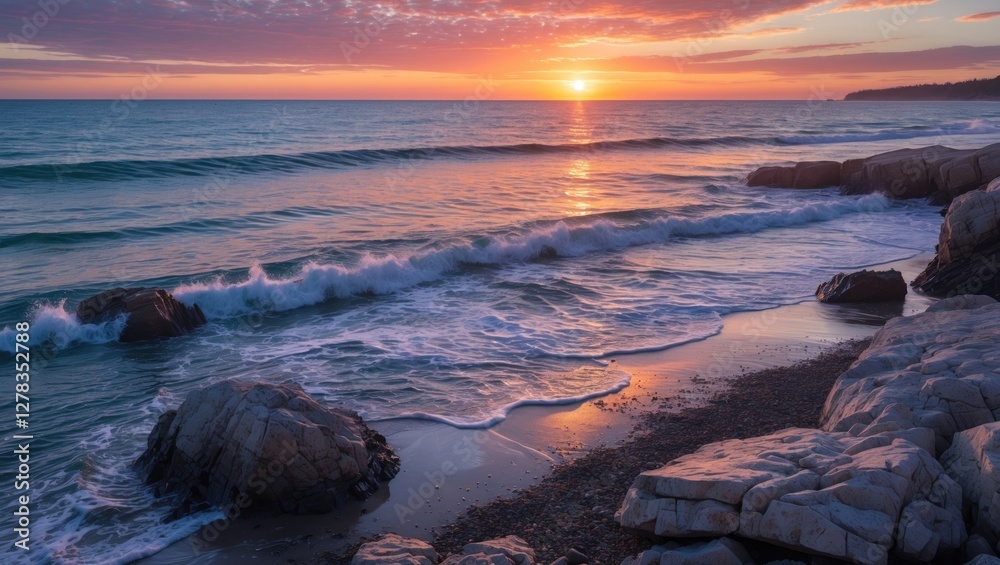 Tranquil Sunset Over the Ocean with Scenic Rocks and Gentle Waves on Serene Beach Tranquil Sunset Over the Ocean with Scenic Rocks and Gentle Waves on Serene Beach