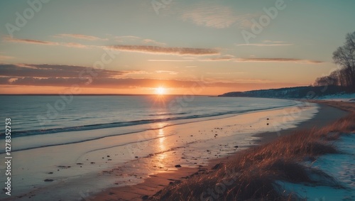Fototapeta Naklejka Na Ścianę i Meble -  Tranquil winter sunset over the Baltic Sea beach with soft waves and empty shoreline ideal for text overlay and nature-inspired themes.
