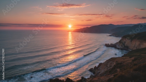 Tranquil Sunset Over Serene Coastal Landscape with Gentle Waves and Majestic Mountains in Background