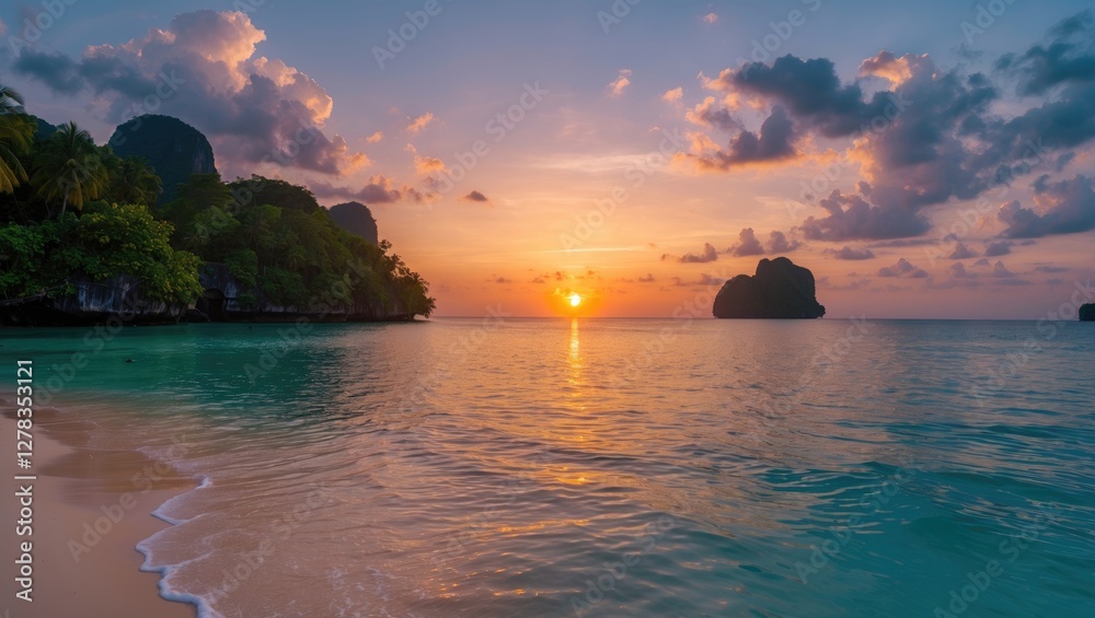 Tranquil sunset over Phi Phi Don Island showcasing vibrant colors reflecting on calm waters with lush greenery along the shoreline. Tranquil sunset over Phi Phi Don Island showcasing vibrant colors reflecting on calm waters with lush greenery along the shoreline.