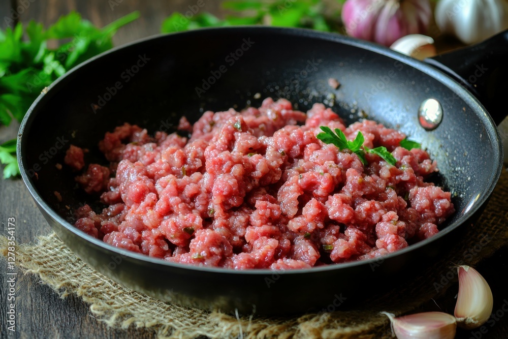 Ground Sausage Cooking: Italian Beef Sausage in Frying Pan with Garlic on Burlap Background Ground Sausage Cooking: Italian Beef Sausage in Frying Pan with Garlic on Burlap Background