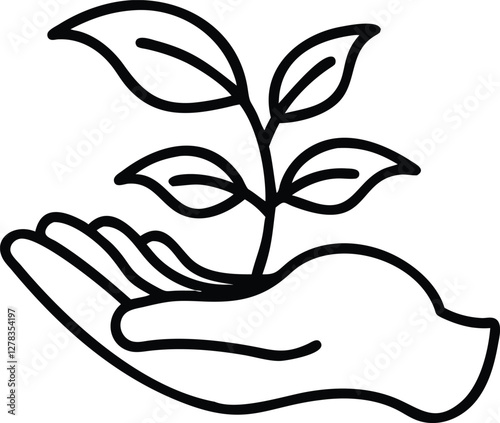 A high-quality, detailed line art representing an eco-conscious imagery tree growing from open palm for a visually appealing, scalable vector illustration.