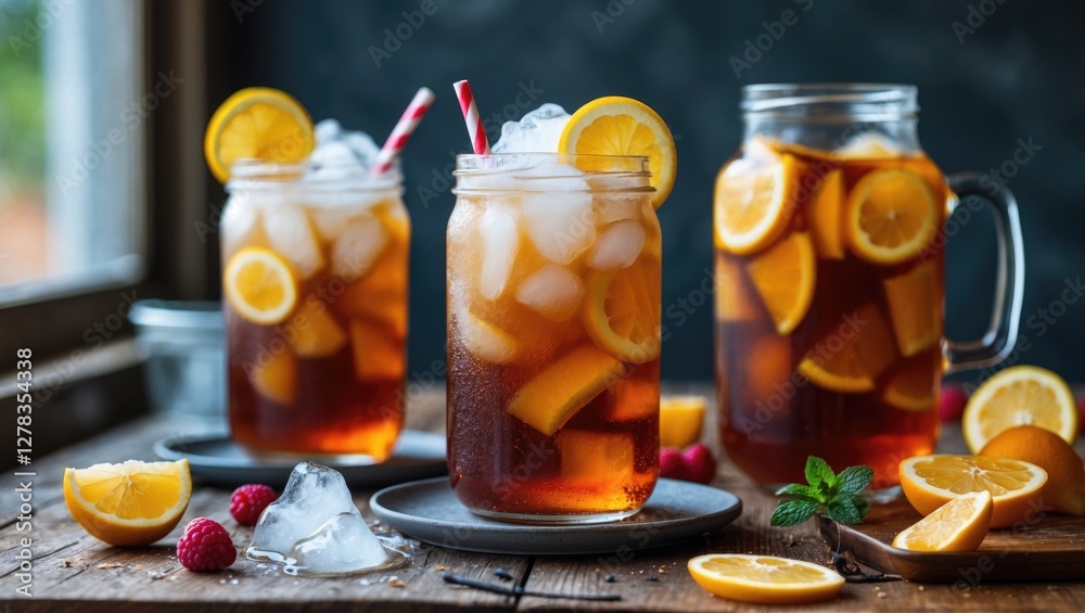 Refreshing Iced Tea with Lemons and Berries in Mason Jars Perfect for Morning Enjoyment on Wooden Table Refreshing Iced Tea with Lemons and Berries in Mason Jars Perfect for Morning Enjoyment on Wooden Table