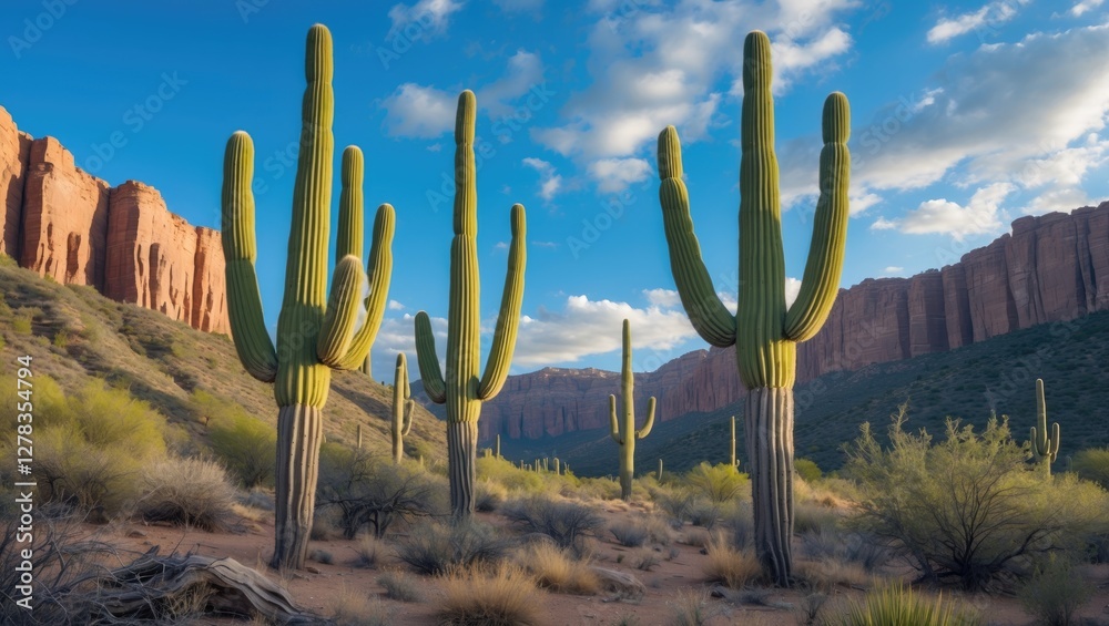 Majestic Saguaro Cacti Against Scenic Cliffs and Hills Under Blue Sky with Clouds in Late Afternoon Light and Clear Space for Text Majestic Saguaro Cacti Against Scenic Cliffs and Hills Under Blue Sky with Clouds in Late Afternoon Light and Clear Space for Text