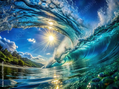 Underwater Scene: Transparent Blue Ocean with Wave and Bubbles