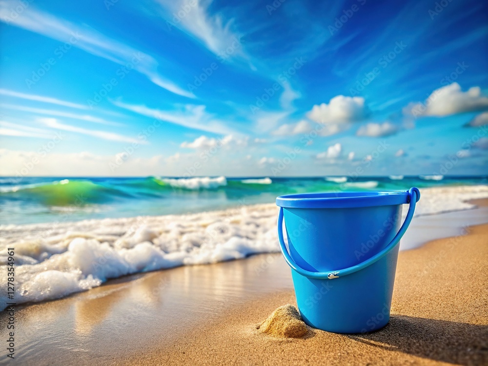 Vibrant Blue Bucket on Sandy Beach with Ocean Waves - Summer Vacation Stock Photo Vibrant Blue Bucket on Sandy Beach with Ocean Waves - Summer Vacation Stock Photo