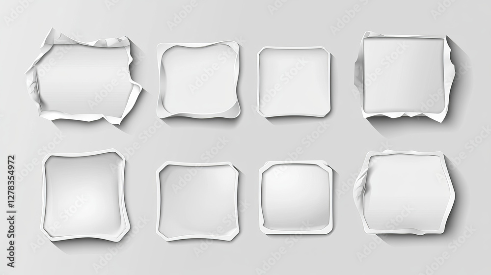 White glued stickers, crumpled paper patches mockup. Blank shrunken labels of square shapes with rounded corners, wrinkled emblems with curve edges, ui or gui elements, buttons Realistic 3d vector set White glued stickers, crumpled paper patches mockup. Blank shrunken labels of square shapes with rounded corners, wrinkled emblems with curve edges, ui or gui elements, buttons Realistic 3d vector set