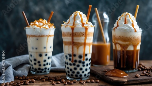 Trendy Cold Coffee Drinks with Tapioca Boba Balls Whipped Cream and Caramel Sauce on Rustic Wooden Table with Coffee Beans photo