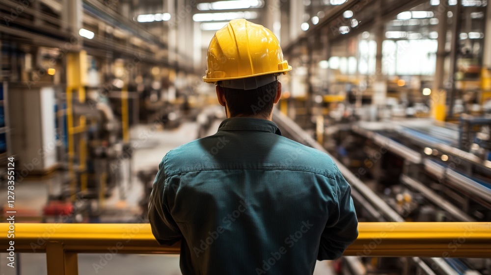 A worker in a manufacturing plant looking at an empty production line A worker in a manufacturing plant looking at an empty production line