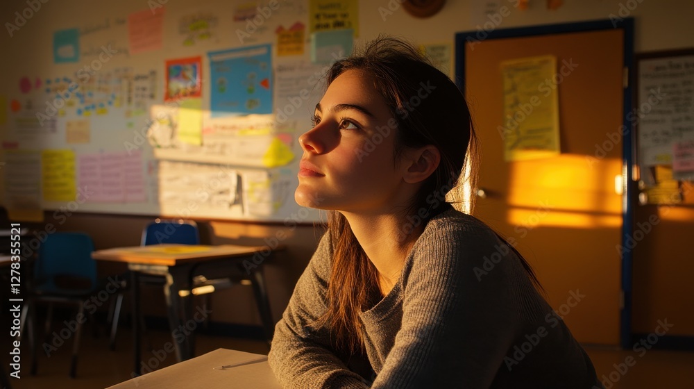 Thoughtful student in classroom with warm light at golden hour Thoughtful student in classroom with warm light at golden hour