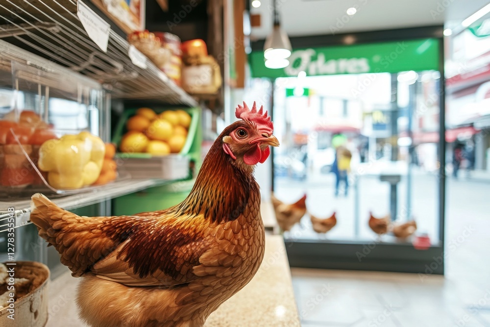 Chicken exploring grocery store aisle: surprising sight in urban setting