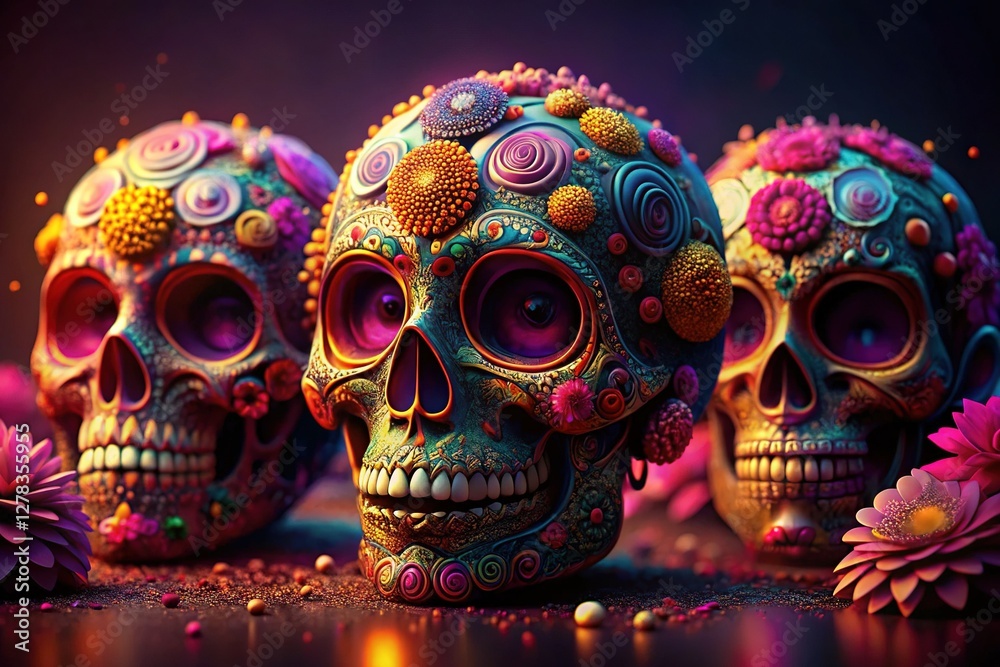 Vibrant Sugar Skulls, Day of the Dead Festive Decor, Colorful Mexican Calaveras Vibrant Sugar Skulls, Day of the Dead Festive Decor, Colorful Mexican Calaveras