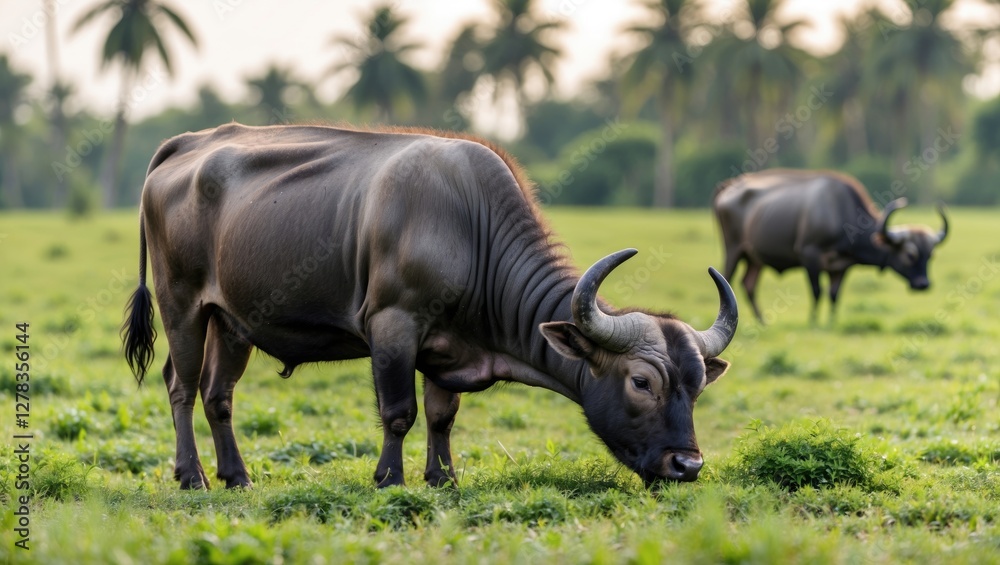 Fototapeta premium Thai Buffalo Grazing In Lush Green Field Surrounded By Palm Trees Under Soft Evening Light